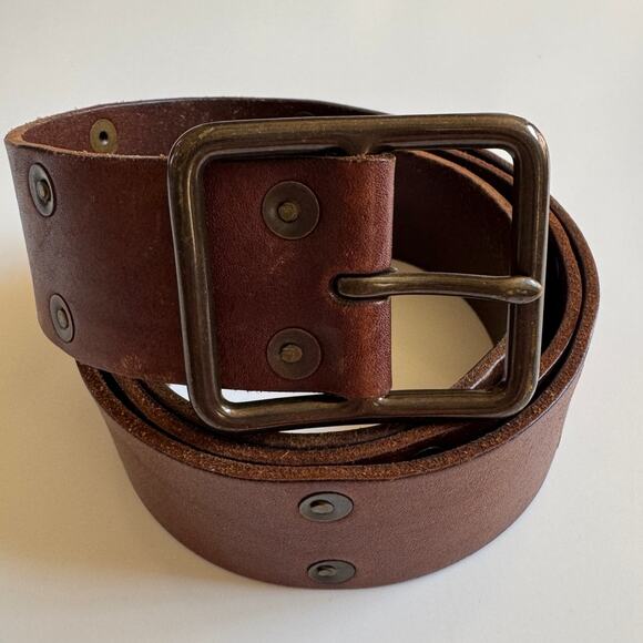 Polo Ralph Lauren Mens Brown Leather Studded Belt 40 Flat Copper Rivets Preppy - Picture 1 of 12
